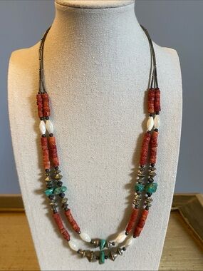 Vintage Southwestern Coral Turquoise Shell Double Strand Necklace 22”